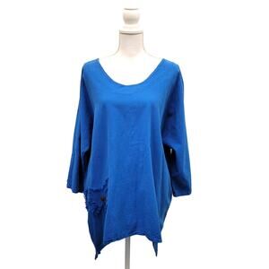 Cottonseed Wear Top Women's XL/1X Blue 100% Cotton Lagenlook Tropical Shark Bite